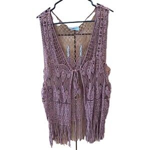 RoomMates Vest Women L Boho Front Tie Fringe Crochet Brown Cottagecore Cotton